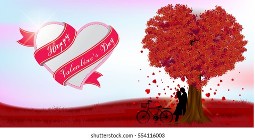 Holiday retro banners. Valentine trees with heart-shaped leaves. Vector