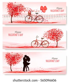 Holiday retro banners. Valentine trees with heart-shaped leaves. Vector