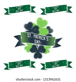 Holiday ribbon with clover leaves isolated on white background. St. patrick's Day sale ribbons. Commercial offer poster. Vector illustration