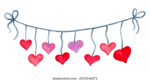 Holiday ribbon with red and pink hearts. Garland for Valentine's day, mother's day for friends and girlfriends. Marker and watercolor illustration. For parties and holidays. Hand drawn art.