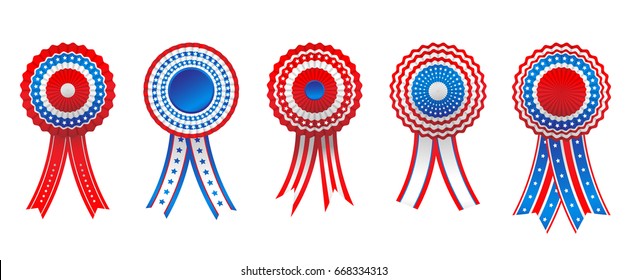 Holiday ribbon rosettes, isolated on white background. Blue, white and red colors. Festive design for advertising, leaflet, cards, invitation and so on.