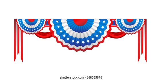 Holiday ribbon rosettes, isolated on white background. Blue, white and red colors. Festive design for advertising, leaflet, cards, invitation and so on.