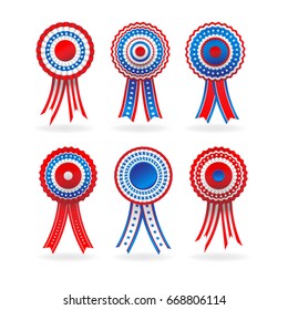 Holiday ribbon rosettes, isolated on white background. Blue, white and red colors. Festive design for advertising, leaflet, cards, invitation and so on.