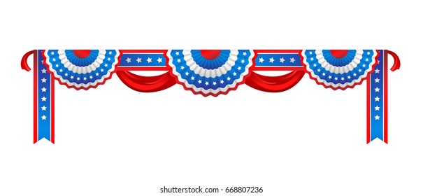 Holiday ribbon rosettes, isolated on white background. Blue, white and red colors. Festive design for advertising, leaflet, cards, invitation and so on.