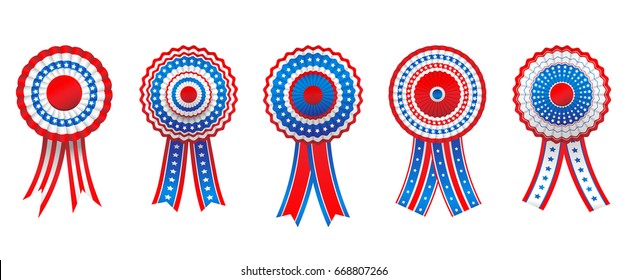 Holiday ribbon rosettes, isolated on white background. Blue, white and red colors. Festive design for advertising, leaflet, cards, invitation and so on.