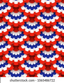 Holiday ribbon rosettes, seamless background. Blue, white and red colors. Design for advertising, leaflet, cards, invitation and so on.