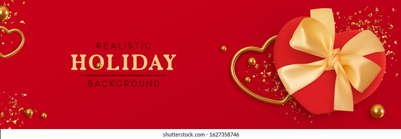 Holiday Romantic Banner, headers for website. Design Realistic decoration objects gift box, gold confetti, metal heart, ball bead. Template Flyer, brochure. Christmas composition flat lay, top view