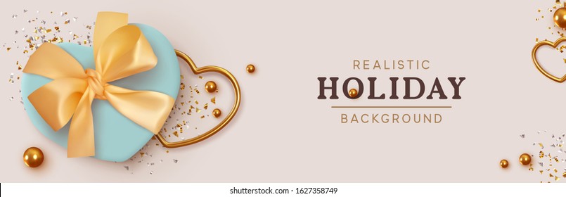 Holiday Romantic Banner, headers for website. Design Realistic decoration objects gift box, gold confetti, metal heart, ball bead. Template Flyer, brochure. Christmas composition flat lay, top view