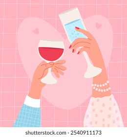 Holiday romantic party card. Male hand with glass of red wine and elegant female hand with drink in glassful on pink checkered background. Vector illustration. Square valentine banner