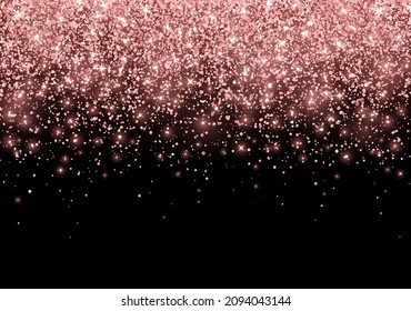 Holiday rose gold sparkling glitter scattered on black background. Vector