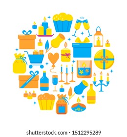 Holiday round concept banner in flat style. Bright poster with celebration symbols including candles and gift boxes. Vector illustration.