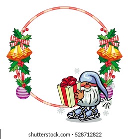 Holiday round frame with decorations and funny gnome. Copy space. Christmas background. Vector clip art.