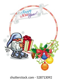 Holiday round frame with decorations and funny gnome. Copy space. Christmas background. Vector clip art.
