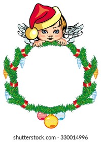 Holiday round frame with little angel and Christmas decorations