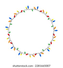 Holiday round frame with multi colored Christmas lights for garlands. Decorating Christmas cards with lights and garlands. Cartoon vector isolated on white background