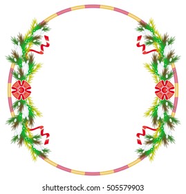 Holiday round frame with pine branch, snow-flakes and cones. Vector clip art.
