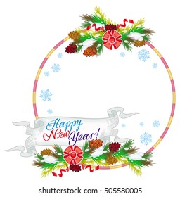 Holiday round frame with pine branch, snow-flakes and cones. Vector clip art.