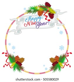 Holiday round frame with pine branch, snow-flakes and cones. Vector clip art.