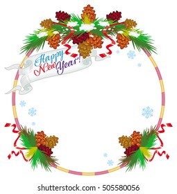 Holiday round frame with pine branch, snow-flakes and cones. Vector clip art.