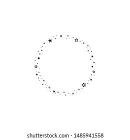 Holiday round frame with stars. Glitter, tinsel, fireworks on white background. Starry circle label for text. Vector  background for card, invitation, wallpaper.