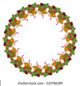 Holiday round garland decorated with pine branch, snow-flakes and cones. Christmas frame with free space for text, photo or picture. Design element for New Year decorations. Vector clip art.