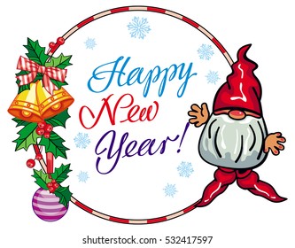 Holiday round label with Christmas decorations, funny gnome and greeting text "Happy New Year!". Vector clip art.