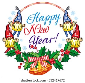 Holiday round label with Christmas decorations, funny gnome and greeting text "Happy New Year!". Vector clip art.