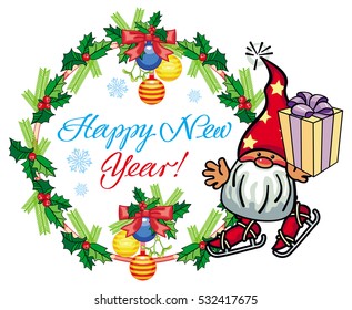 Holiday round label with Christmas decorations, funny gnome ice skate  and greeting text "Happy New Year!". Vector clip art.