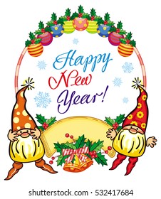 Holiday round label with Christmas decorations, funny gnomes  and greeting text "Happy New Year!". Vector clip art.