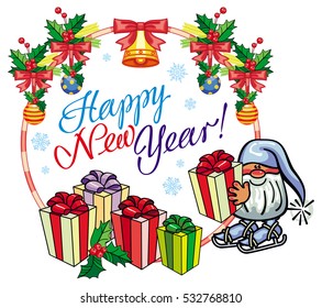 Holiday round label with Christmas decorations, funny gnome and greeting text "Happy New Year!". Vector clip art.