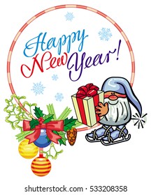 Holiday round label with Christmas decorations, funny gnome and greeting text "Happy New Year!". Vector clip art.