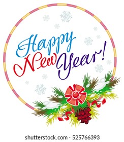 Holiday round label with greeting text "Happy New Year!". Design element for advertisements, web, greeting cards and other graphic designer works. Vector clip art.