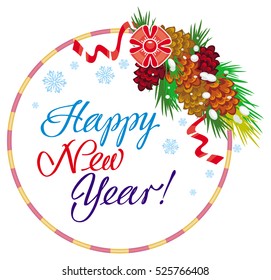 Holiday round label with greeting text "Happy New Year!". Design element for advertisements, web, greeting cards and other graphic designer works. Vector clip art.