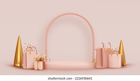 Holiday round podium studio for promotions and sales. Beige cylinder pedestal for product presentations. Realistic 3d design of gift boxes, shopping bags, golden christmas trees. Vector illustration