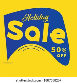 Holiday sale 50% off banner. yellow typography and blue isolated tag stamp. Sale promotion square banner. Discount label. Discount badge template. Shopping and price symbol for website, shop, flyer