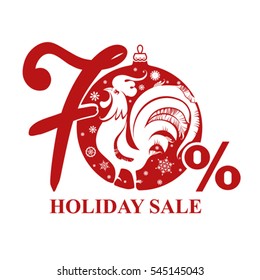 Holiday Sale. 70%. Flat vector template with a nice rooster.