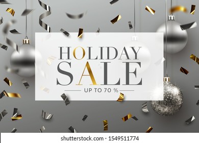 Holiday Sale background, banner, frame, header, or poster design with Confetti and Christmas ornaments. Vector Illustration.	