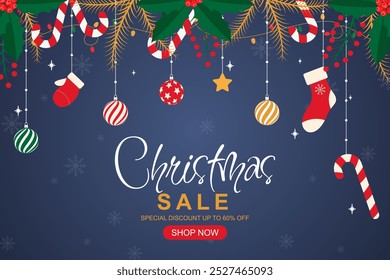 Holiday sale background design with hanging Christmas decorations