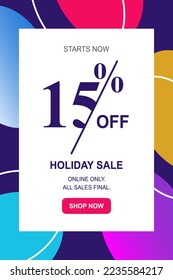 Holiday Sale Banner, 15% OFF Special Offer Ad. Year end Sale Promotion Banner. Discount Promotion Vector Banner. Price Discount Offer. Poster template or Modern Sale Promo Flyer