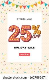 Holiday Sale Banner, 25% Off Special Offer Ad. Discount Promotion Vector Banner. Price Discount Offer. Retro Font Colorful Typography.