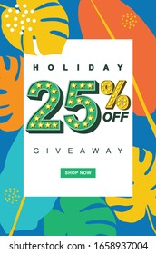 Holiday Sale Banner, 25% Off Special Offer Ad. Discount Promotion Vector Banner. Price Discount Offer. Retro Font Colorful Typography.
