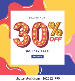 Holiday Sale Banner, 30% Off Special Offer Ad. Discount Promotion Vector Banner. Modern Promotion Square Web Banner For Social Media Mobile Apps.