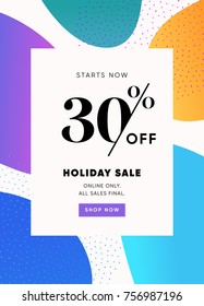 Holiday Sale Banner, 30% OFF Special Offer Ad. Discount Promotion Vector Banner. Price Discount Offer. Season Sale Promo Sticker colorful background.