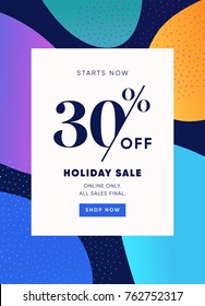 Holiday Sale Banner, 30% OFF Special Price Discount Offer. Vector Flat Design Banner. 30% Discount Coupon. Buy Now Promo Label Trendy Design Template.