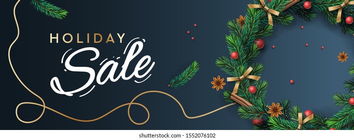 Holiday Sale banner. Christmas horizontal background, header for website. Xmas background, design with realistic Christmas wreath, vector illustration