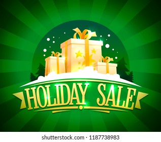 Holiday sale banner design, vintage style illustration with golden gift boxes and rays on a backdrop