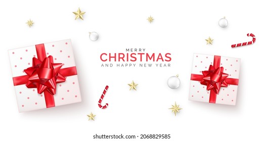 Holiday sale banner with gift box with red ribbon and bow. Christmas poster. Present boxes with New Year decoration. Vector illustration