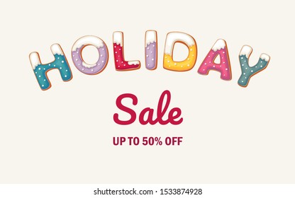 Holiday Sale banner with gingerbread cookies on white background. Happy new year symbol. Vector poster. Text background. Holiday shopping. White background. Vector banner.