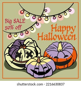 Holiday sale banner for Halloween of separate scary pumpkins, festive garlands, candles and flags with the signature "big sale"