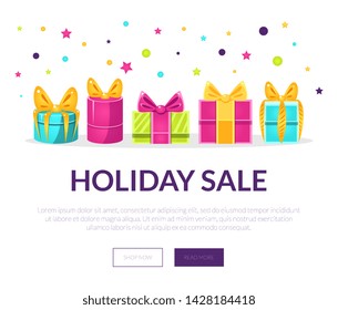 Holiday Sale Banner, Landing Page Template with Colorful Gift Boxes Vector Illustration